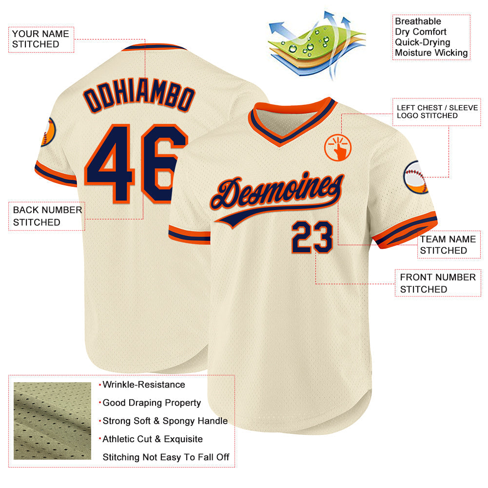 Custom Cream Navy-Orange Authentic Throwback Baseball Jersey baseball jersey product view 3