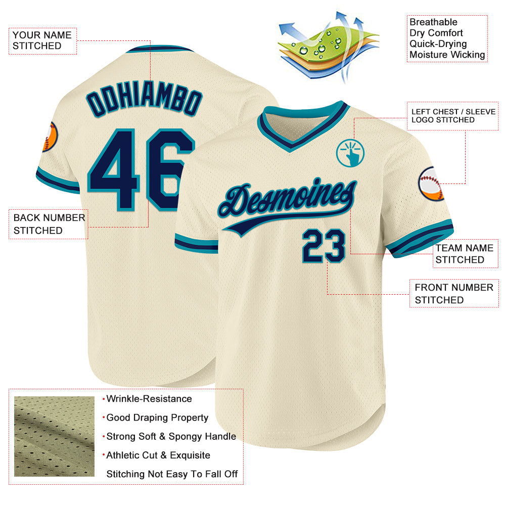 Custom Cream Navy-Teal Authentic Throwback Baseball Jersey baseball jersey product view 3