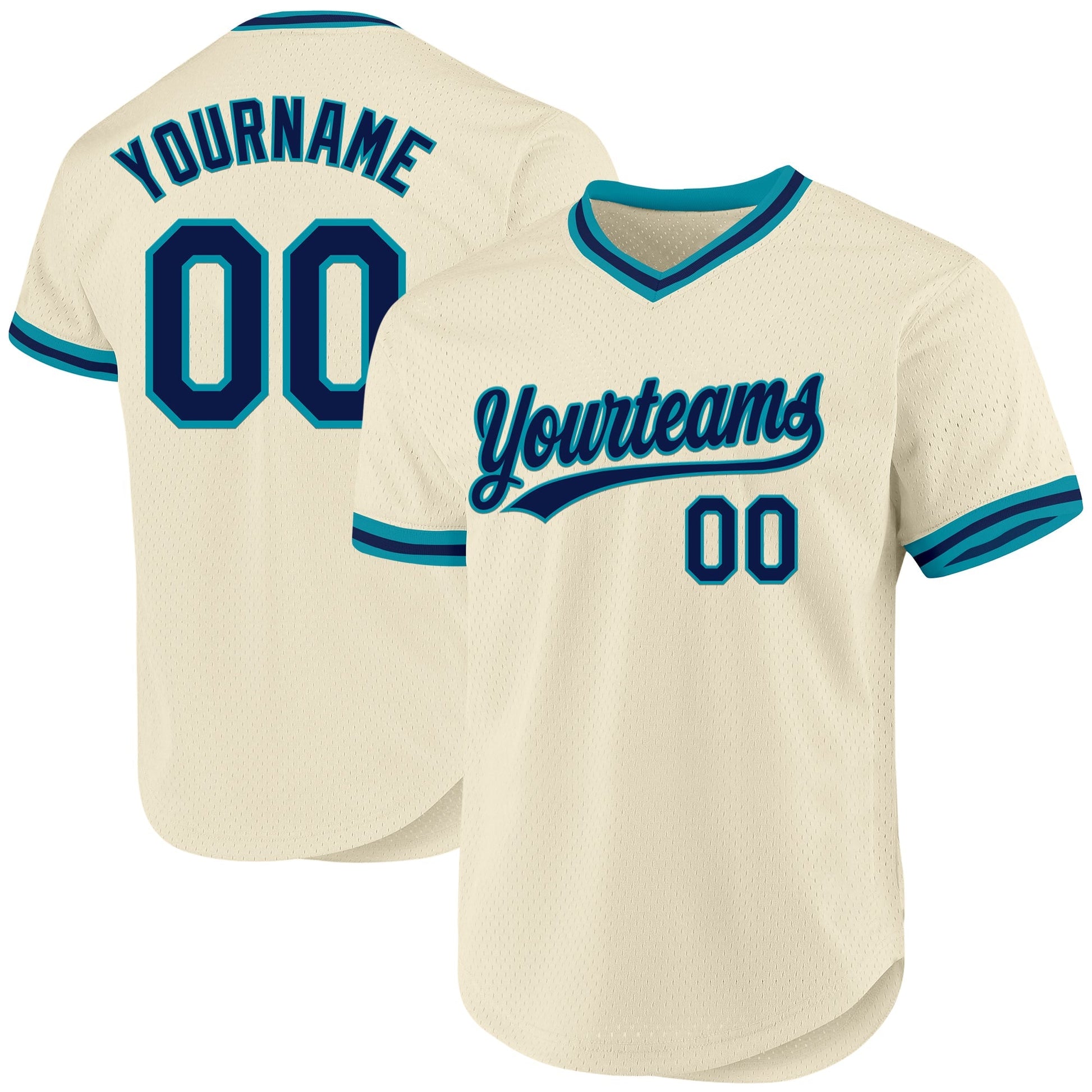 Custom Cream Navy-Teal Authentic Throwback Baseball Jersey baseball jersey product view 1