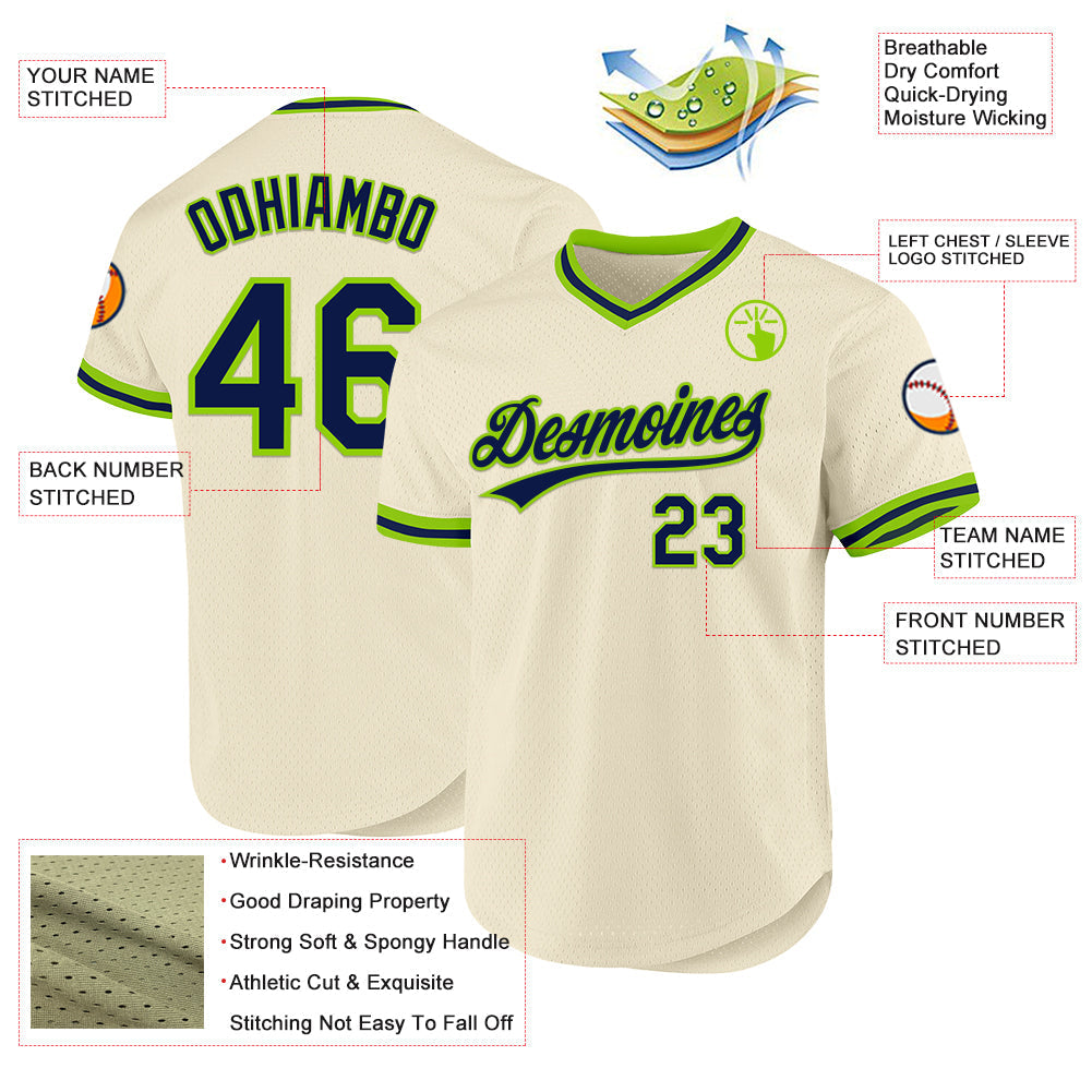 Custom Cream Navy-Neon Green Authentic Throwback Baseball Jersey baseball jersey product view 3