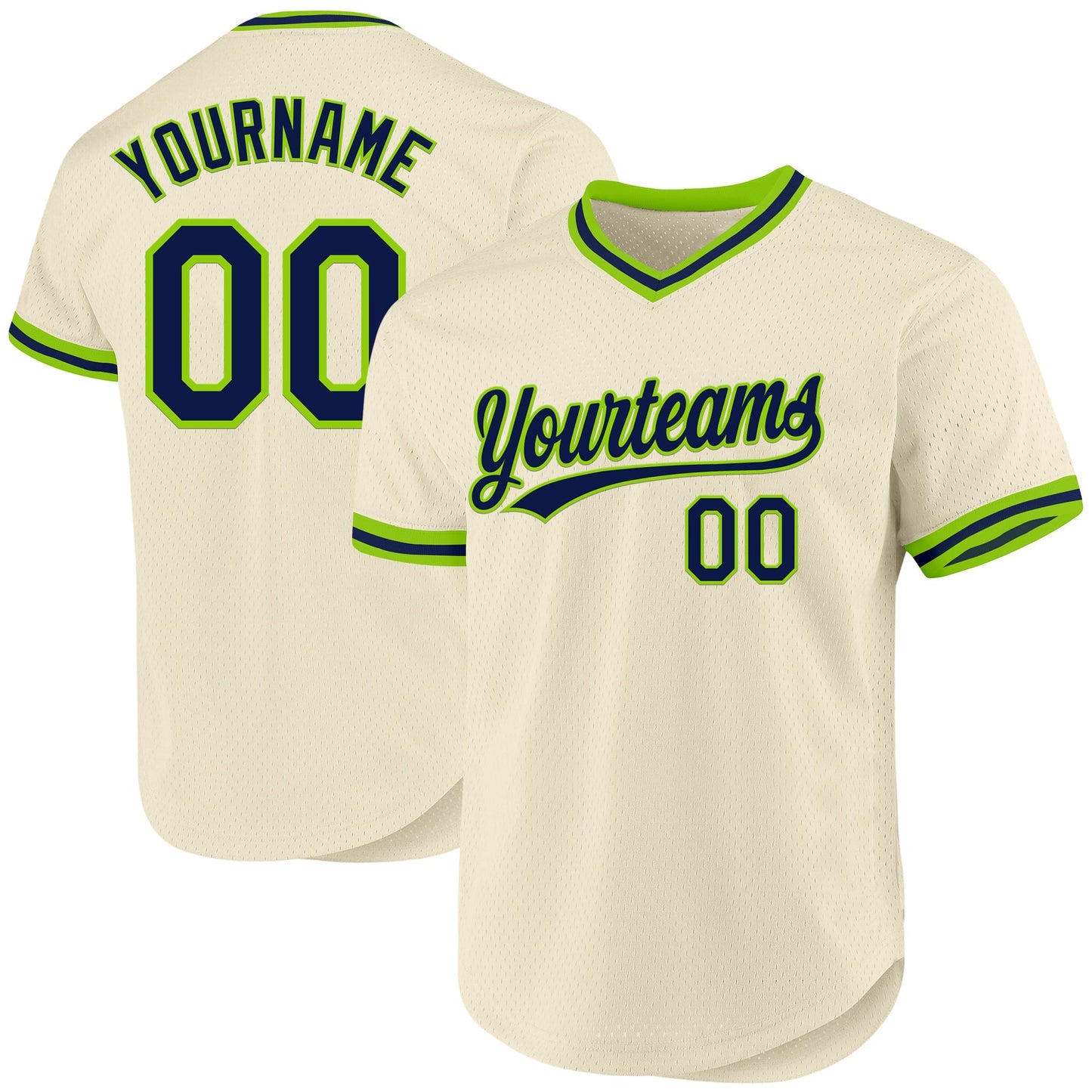 Custom Cream Navy-Neon Green Authentic Throwback Baseball Jersey baseball jersey product view 1
