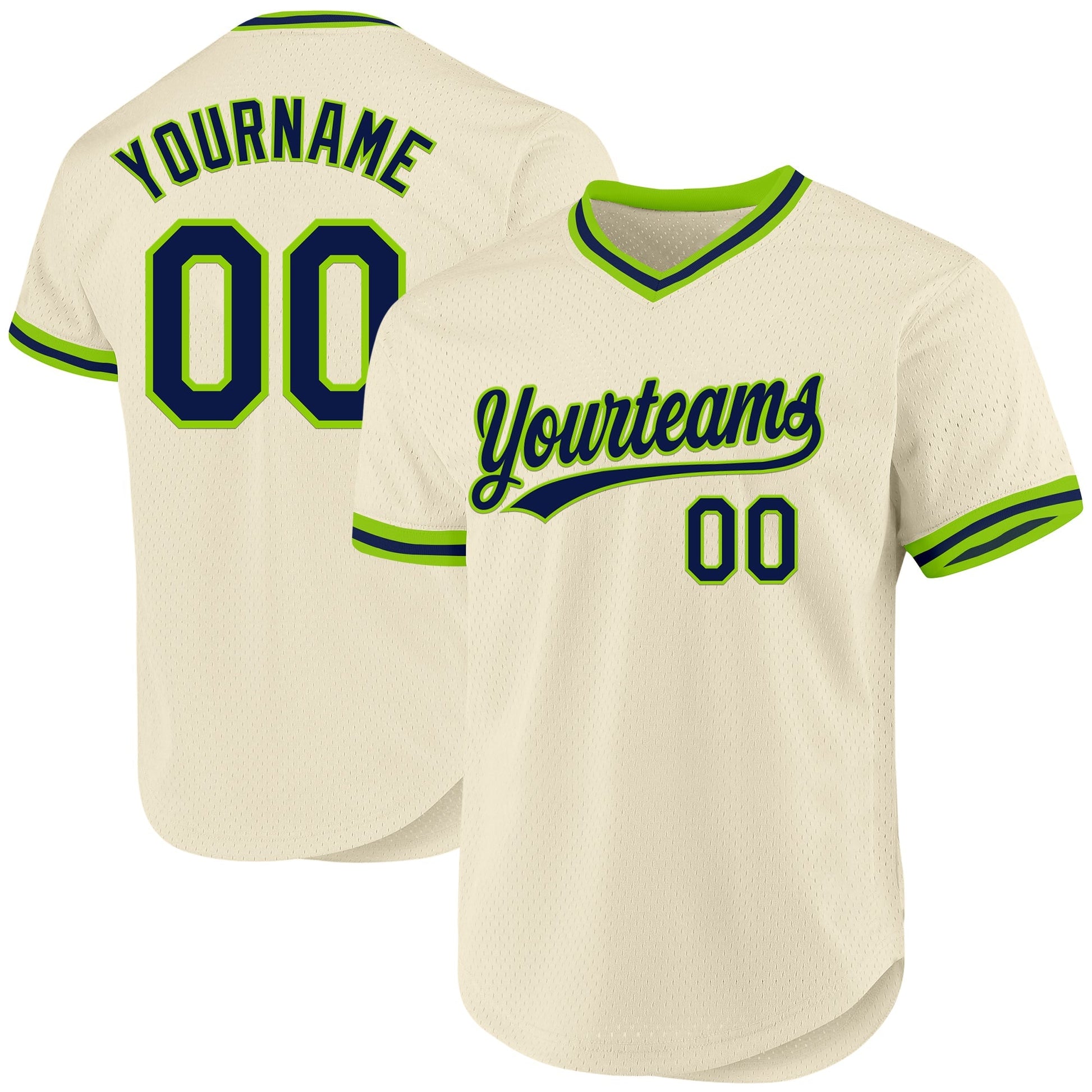 Custom Cream Navy-Neon Green Authentic Throwback Baseball Jersey baseball jersey product view 1