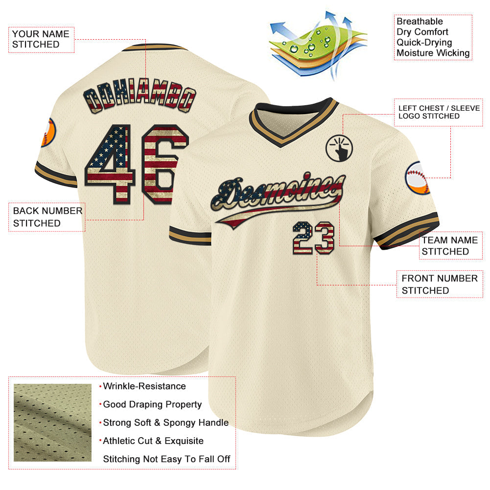 Custom Cream Vintage USA Flag Black-Old Gold Authentic Throwback Baseball Jersey baseball jersey product view 3