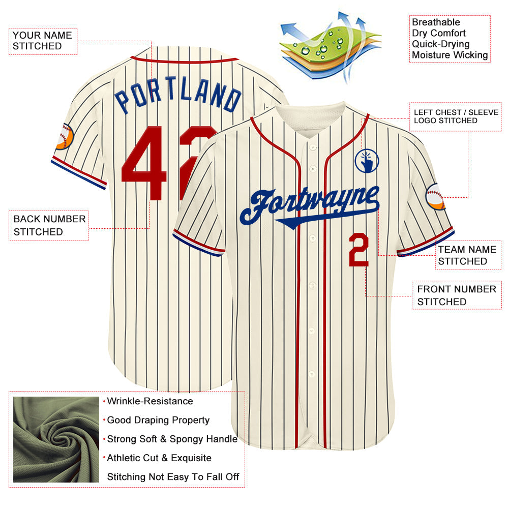 Custom Cream Black Pinstripe Red Royal-White Authentic Baseball Jersey baseball jersey product view 3