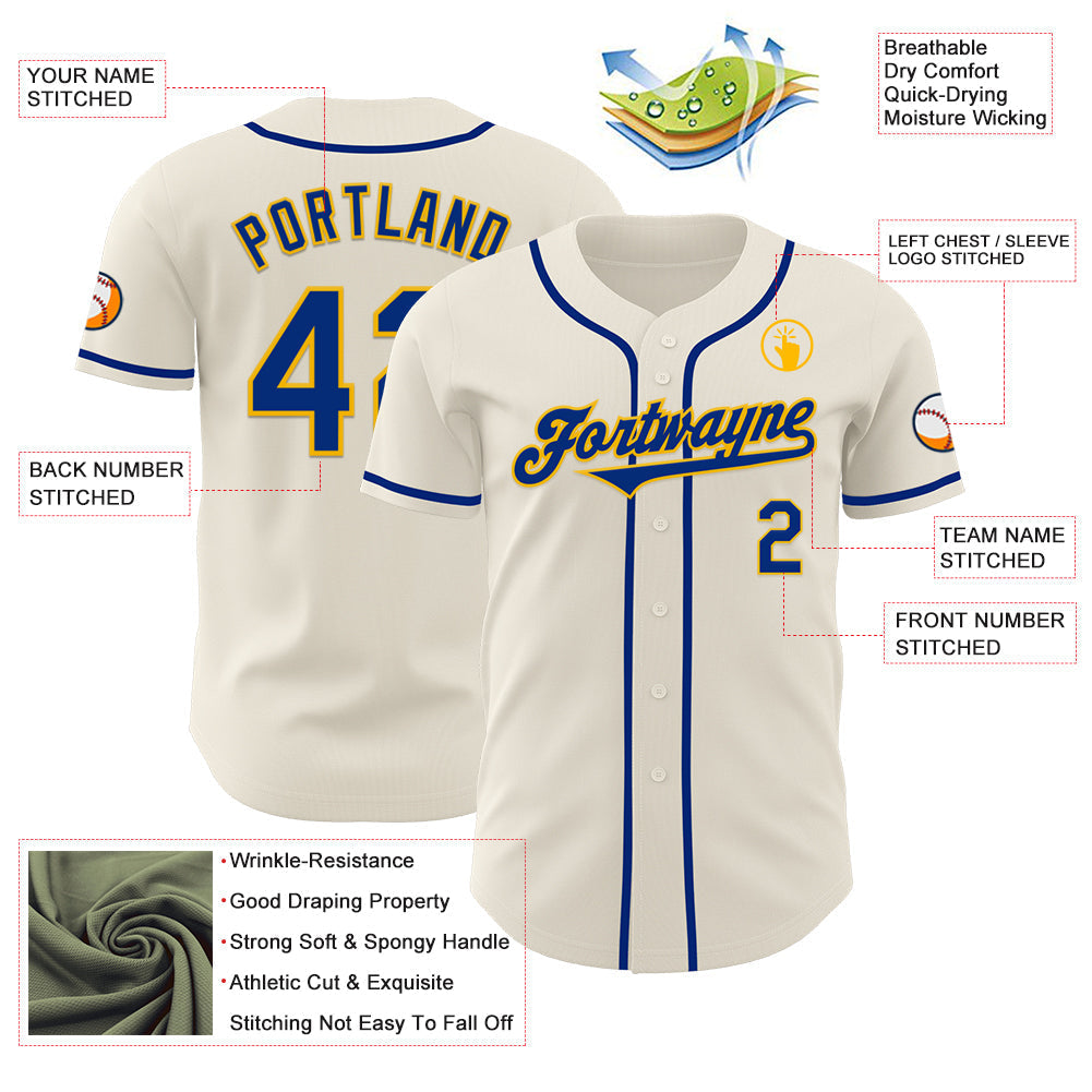 Custom Cream Royal-Gold Authentic Baseball Jersey baseball jersey product view 3