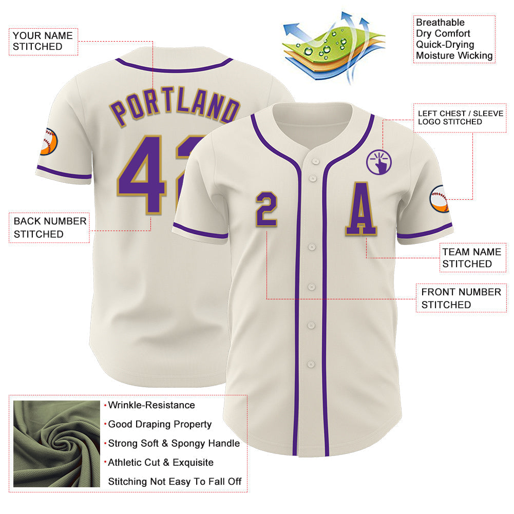 Custom Cream Purple-Old Gold Authentic Baseball Jersey baseball jersey product view 2