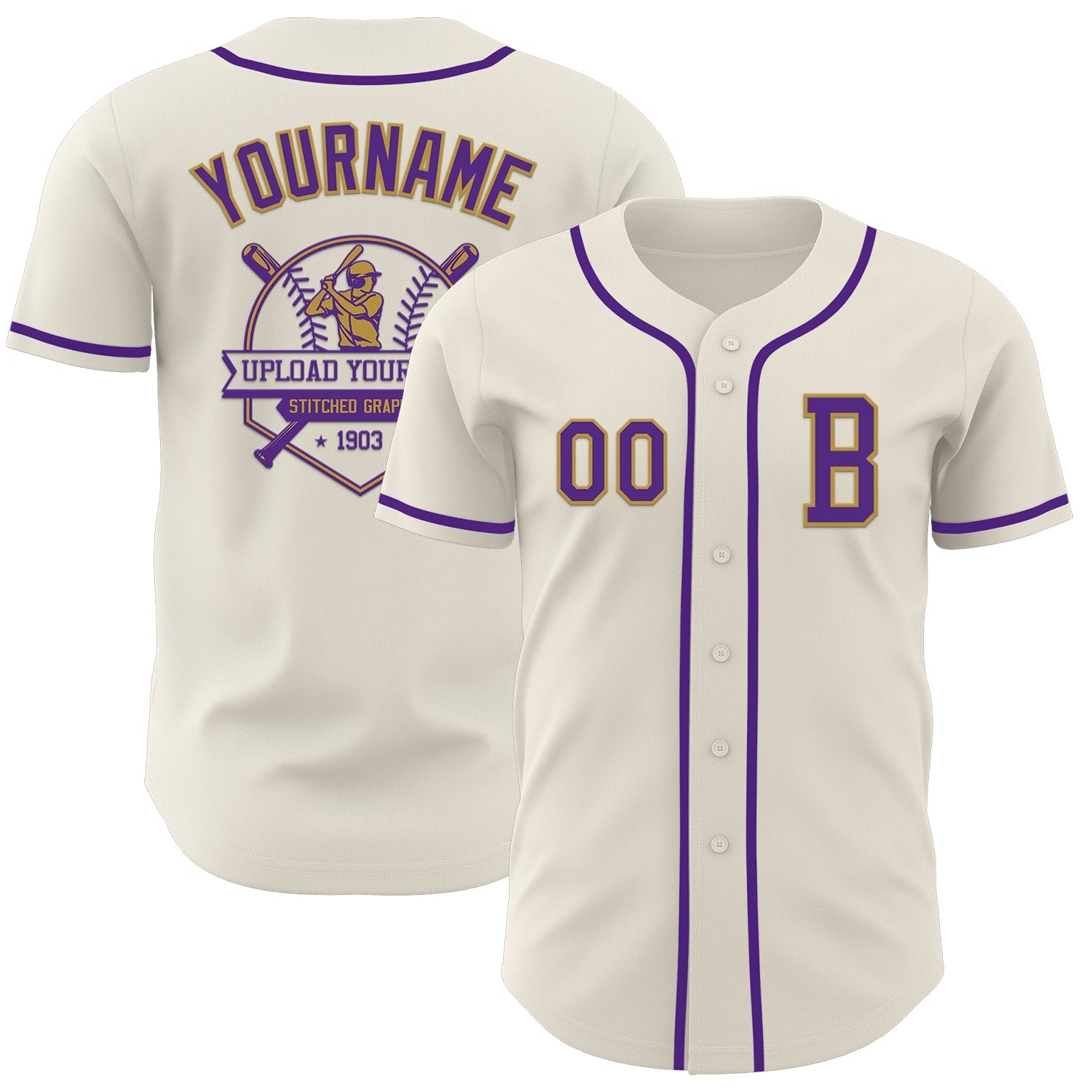 Custom Cream Purple-Old Gold Authentic Baseball Jersey baseball jersey product view 5