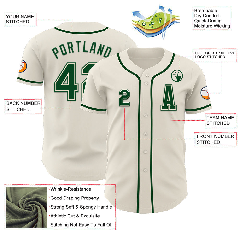 Custom Cream Green Authentic Baseball Jersey baseball jersey product view 2