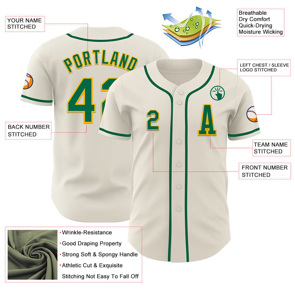 Custom Cream Kelly Green-Gold Authentic Baseball Jersey baseball jersey product view 2