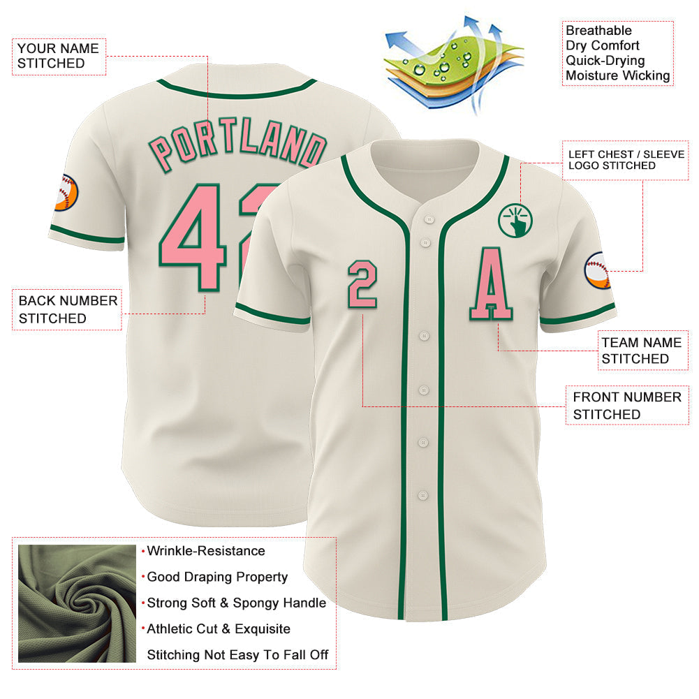 Custom Cream Medium Pink-Kelly Green Authentic Baseball Jersey baseball jersey product view 2