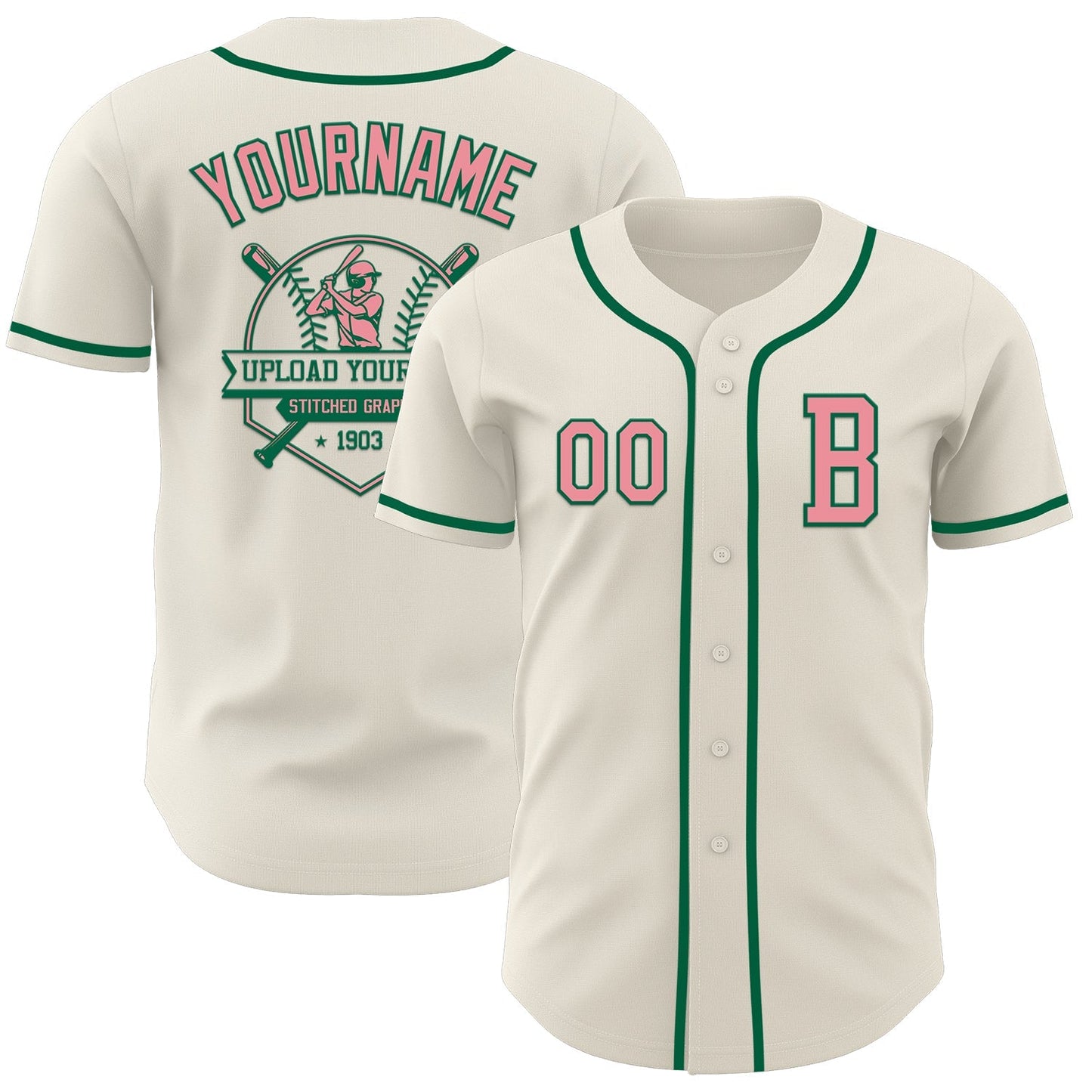 Custom Cream Medium Pink-Kelly Green Authentic Baseball Jersey baseball jersey product view 5