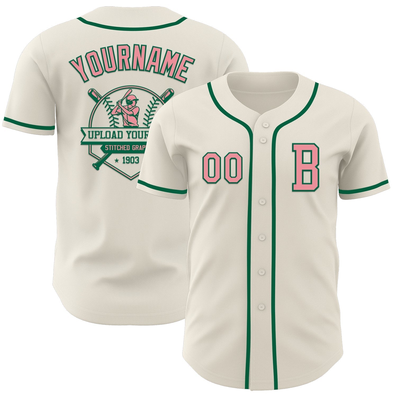 Custom Cream Medium Pink-Kelly Green Authentic Baseball Jersey baseball jersey product view 5