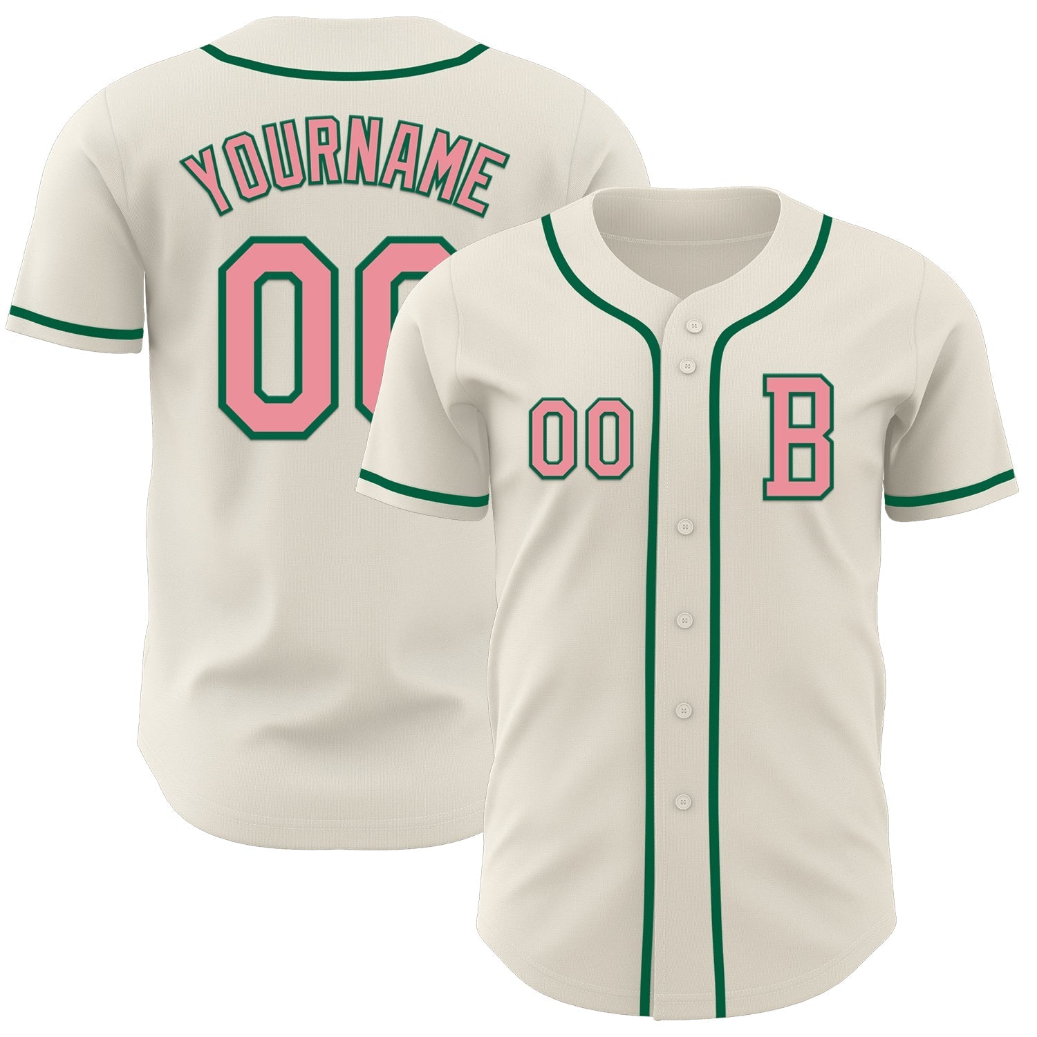 Custom Cream Medium Pink-Kelly Green Authentic Baseball Jersey baseball jersey product view 1