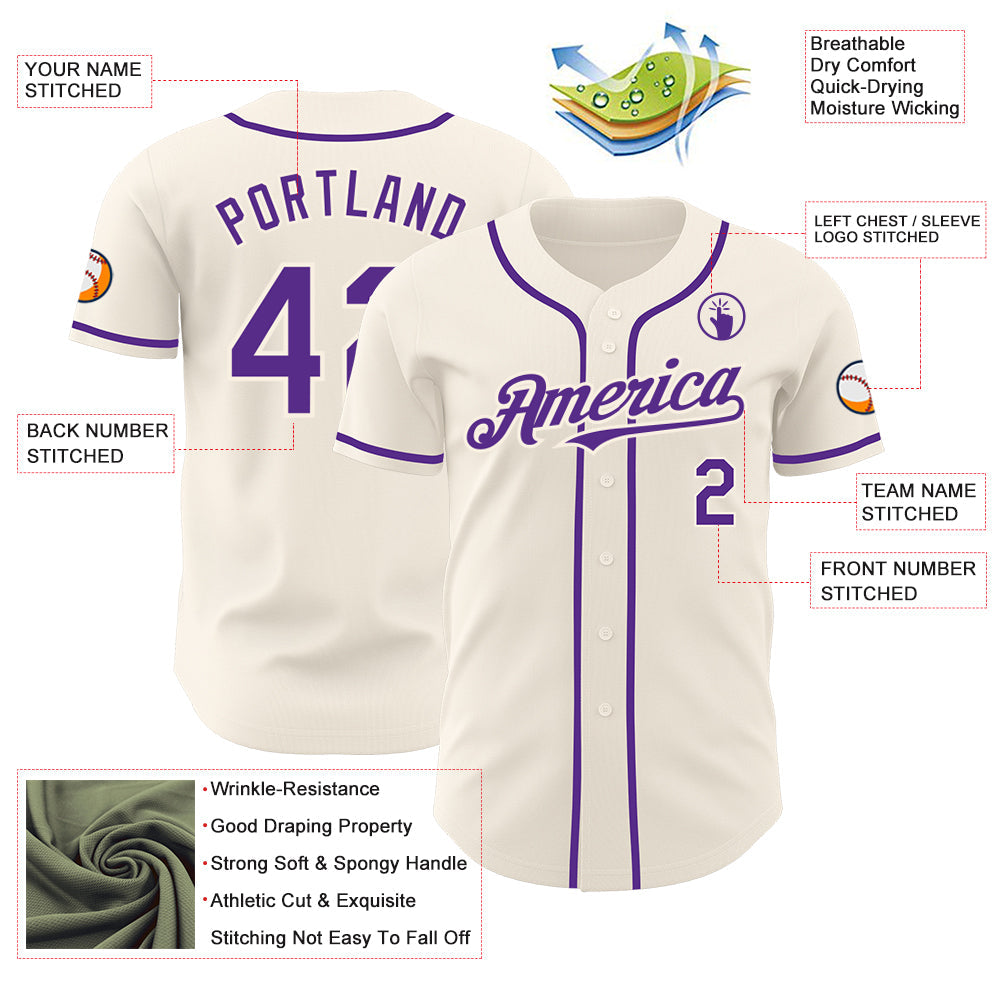 Custom Cream Purple Authentic Baseball Jersey baseball jersey product view 3