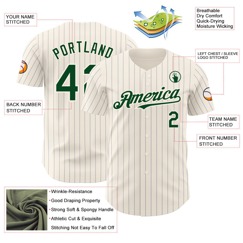 Custom Cream Gray Pinstripe Green Authentic Baseball Jersey baseball jersey product view 3