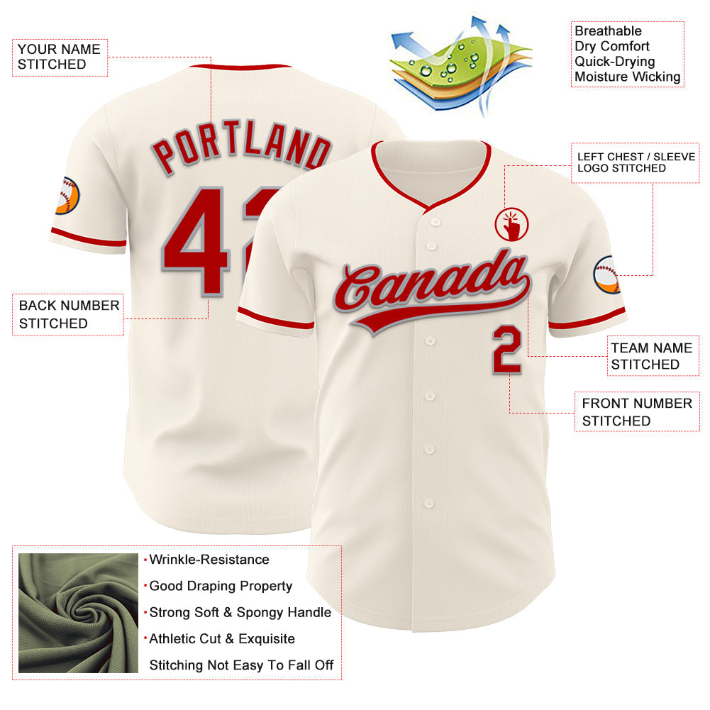 Custom Cream Red-Gray Authentic Baseball Jersey baseball jersey product view 3