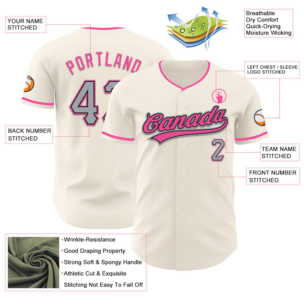 Custom Cream Gray Black-Pink Authentic Baseball Jersey baseball jersey product view 3