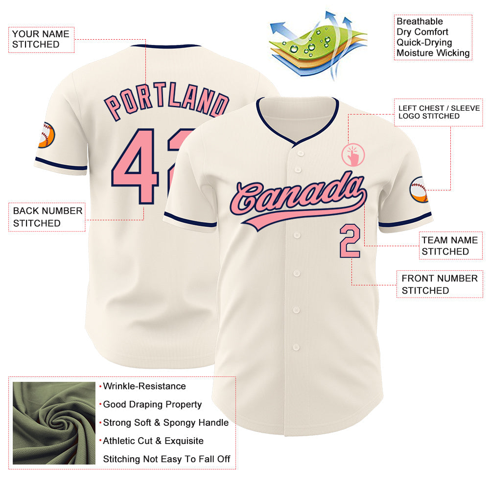 Custom Cream Medium Pink-Navy Authentic Baseball Jersey baseball jersey product view 3