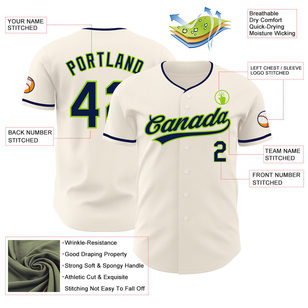 Custom Cream Navy-Neon Green Authentic Baseball Jersey baseball jersey product view 3