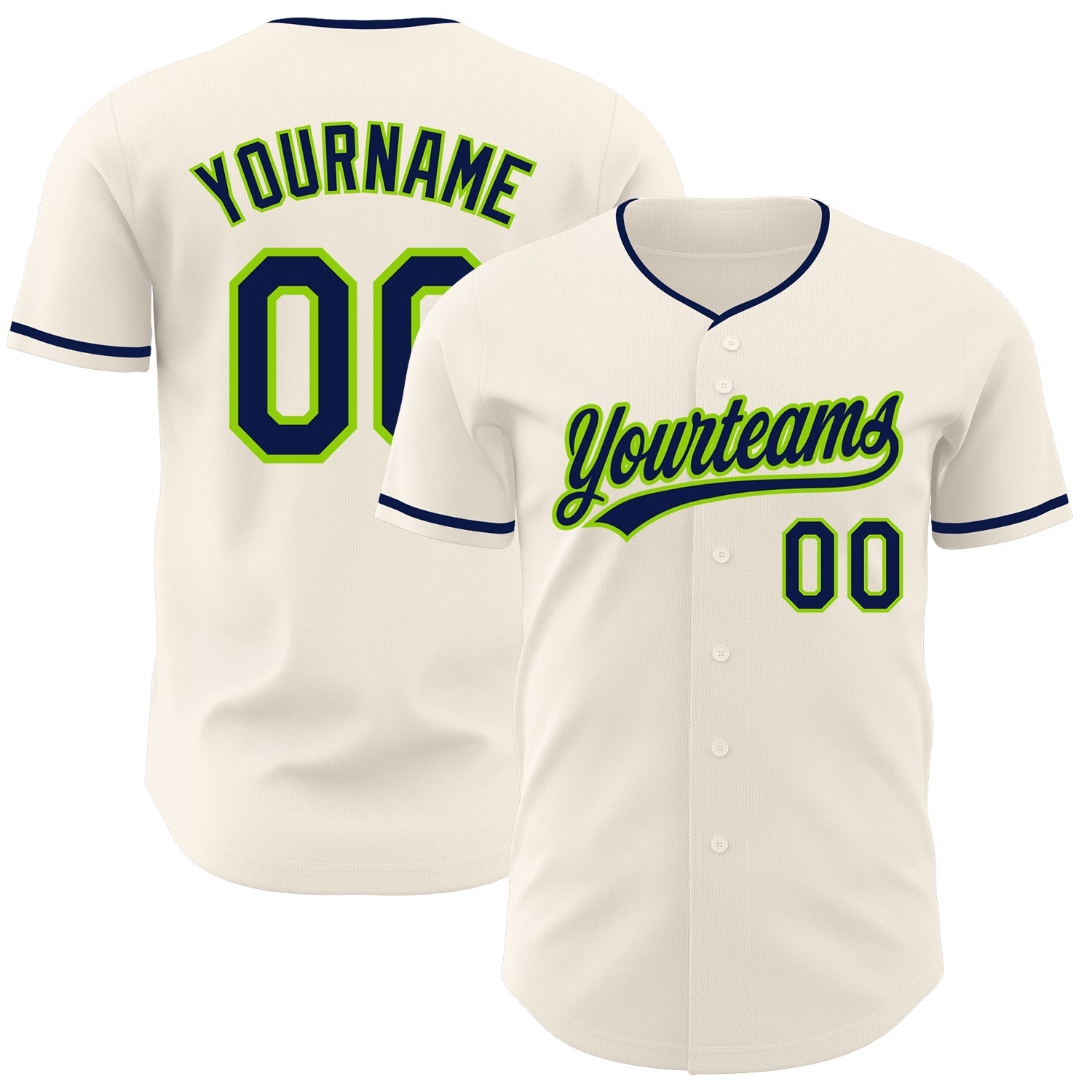 Custom Cream Navy-Neon Green Authentic Baseball Jersey baseball jersey product view 1
