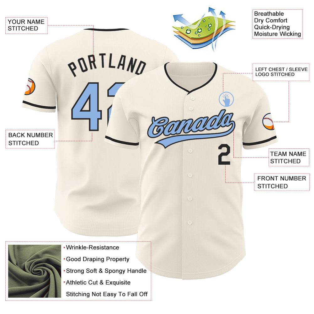 Custom Cream Light Blue-Black Authentic Baseball Jersey baseball jersey product view 3