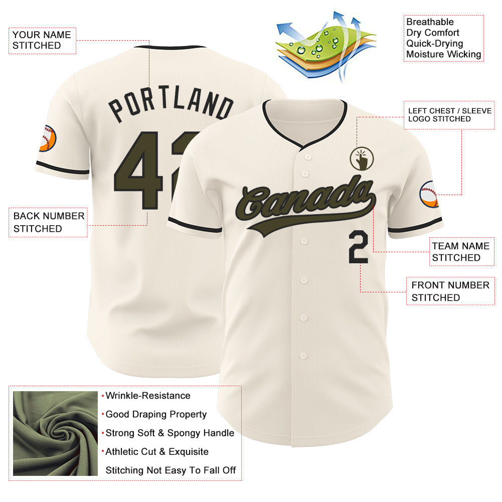 Custom Cream Olive-Black Authentic Baseball Jersey baseball jersey product view 3