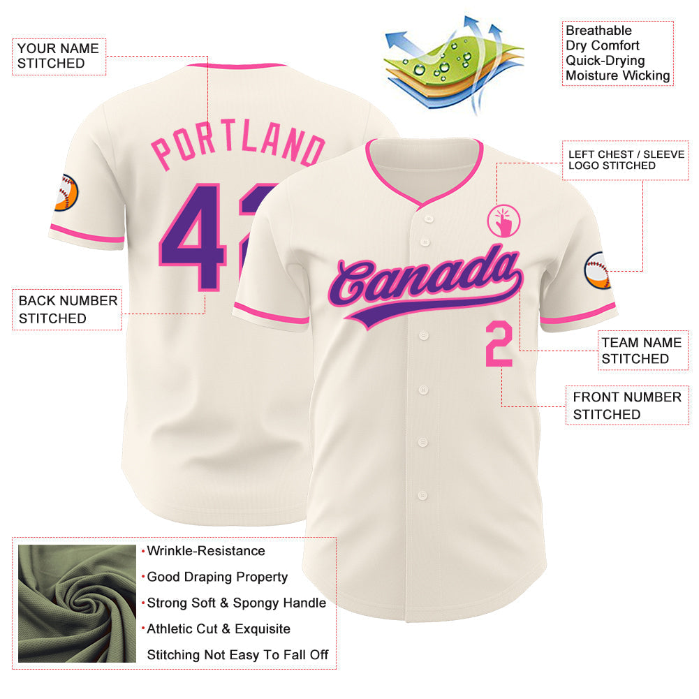 Custom Cream Purple-Pink Authentic Baseball Jersey baseball jersey product view 3