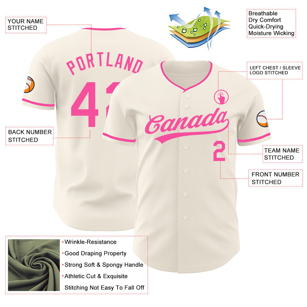 Custom Cream-Pink Authentic Baseball Jersey baseball jersey product view 3