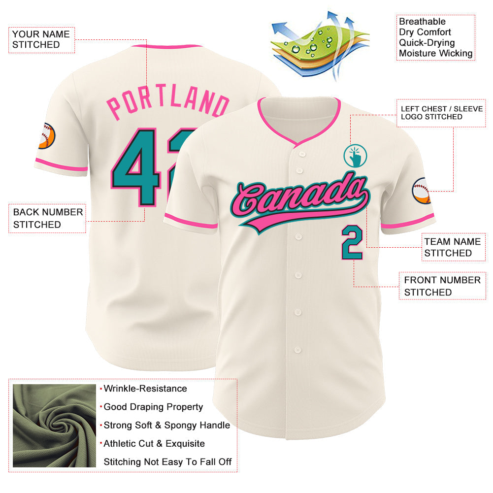 Custom Cream Teal Black-Pink Authentic Baseball Jersey baseball jersey product view 3