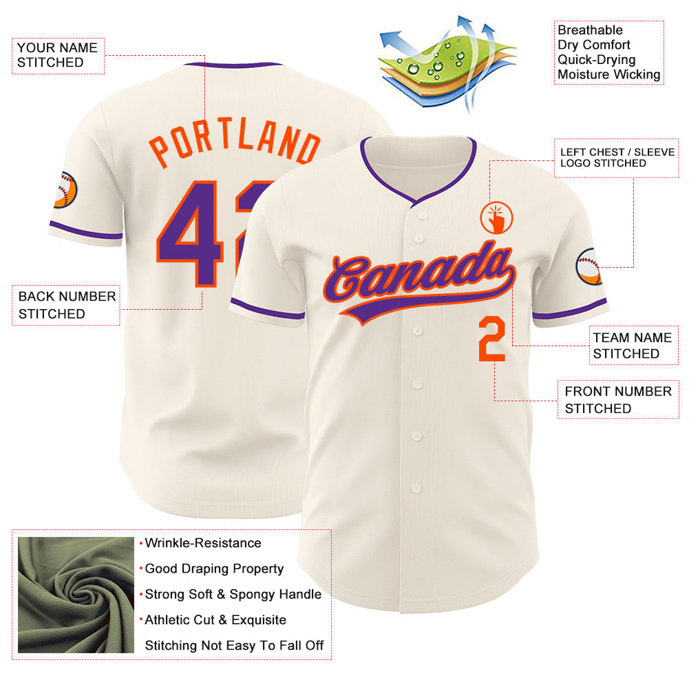 Custom Cream Purple-Orange Authentic Baseball Jersey baseball jersey product view 3