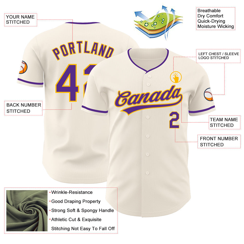 Custom Cream Purple-Gold Authentic Baseball Jersey baseball jersey product view 3