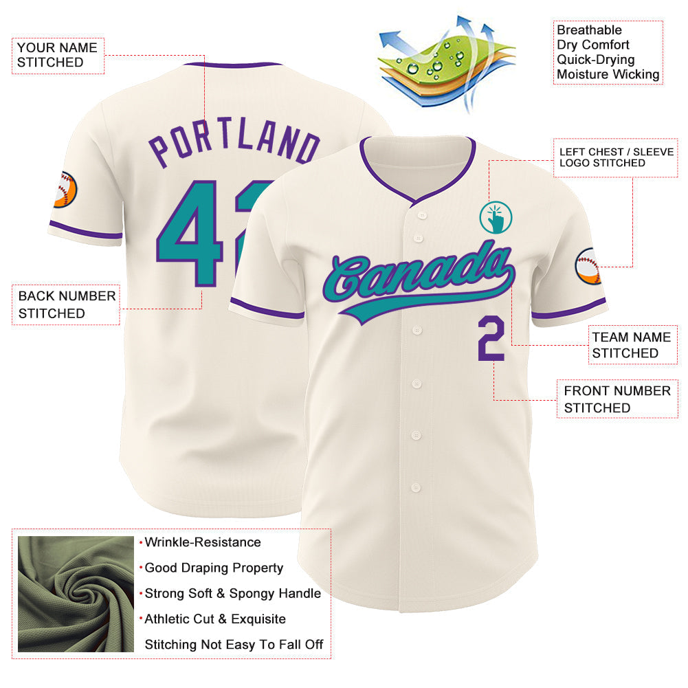 Custom Cream Teal-Purple Authentic Baseball Jersey baseball jersey product view 3