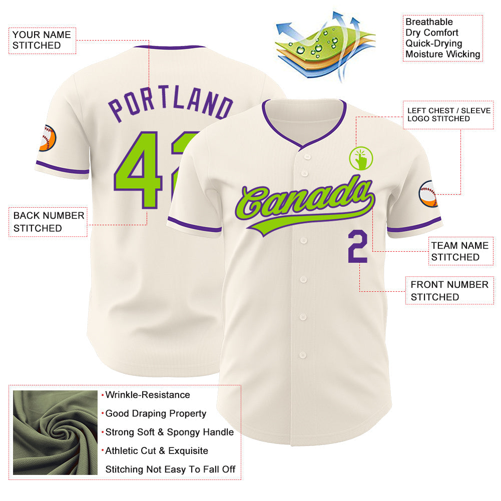 Custom Cream Neon Green-Purple Authentic Baseball Jersey baseball jersey product view 3