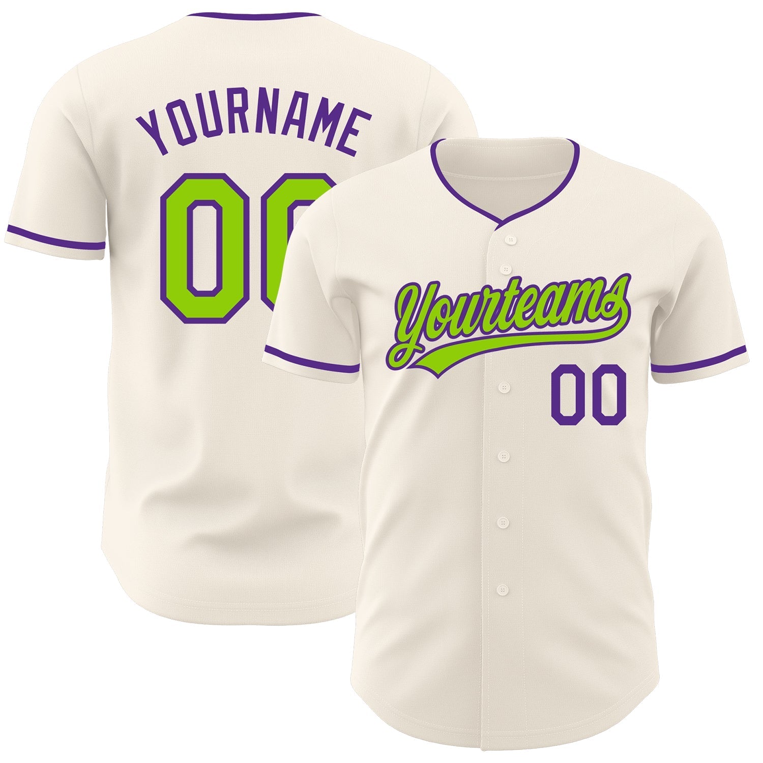 Custom Cream Neon Green-Purple Authentic Baseball Jersey baseball jersey product view 1