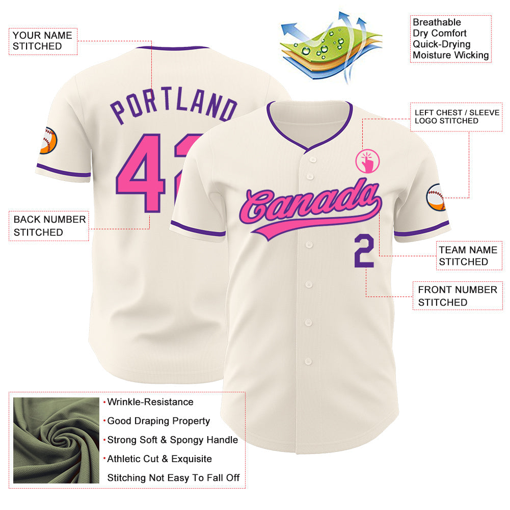 Custom Cream Pink-Purple Authentic Baseball Jersey baseball jersey product view 3