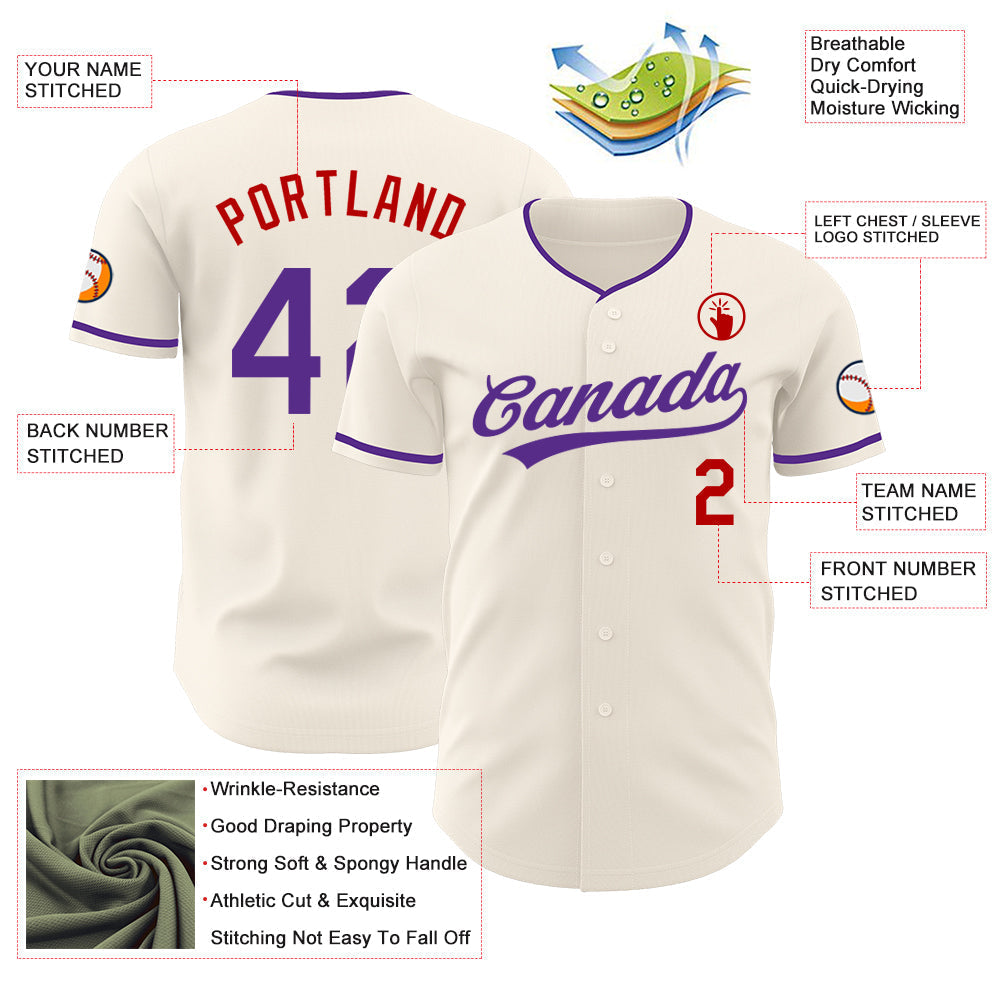 Custom Cream Purple-Red Authentic Baseball Jersey baseball jersey product view 3