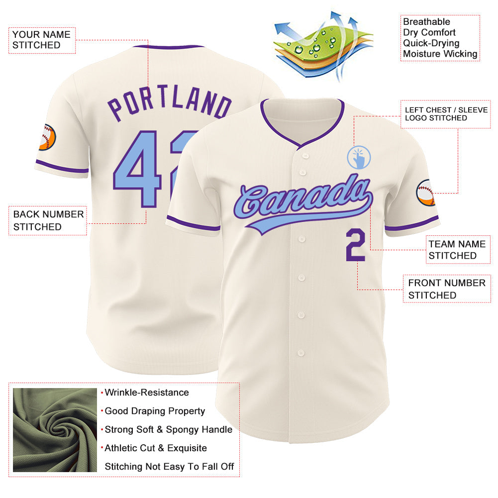 Custom Cream Light Blue-Purple Authentic Baseball Jersey baseball jersey product view 3