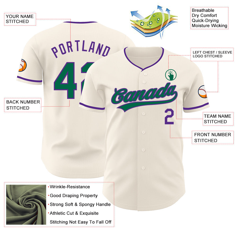 Custom Cream Kelly Green-Purple Authentic Baseball Jersey baseball jersey product view 3