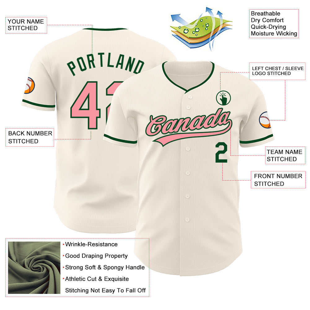 Custom Cream Medium Pink-Green Authentic Baseball Jersey baseball jersey product view 3