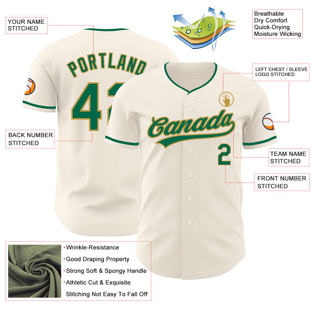 Custom Cream Kelly Green-Old Gold Authentic Baseball Jersey baseball jersey product view 3