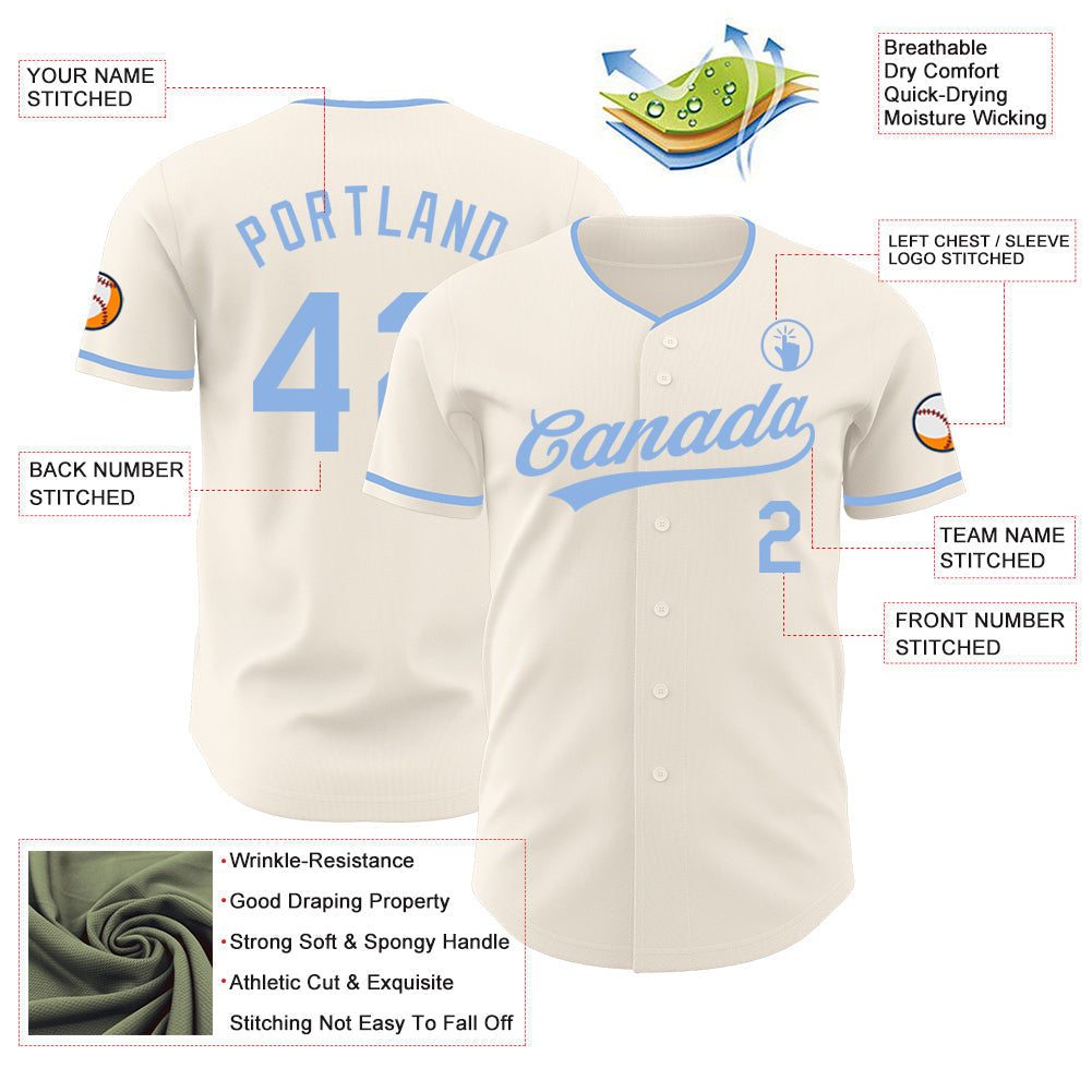 Custom Cream-Light Blue Authentic Baseball Jersey baseball jersey product view 3