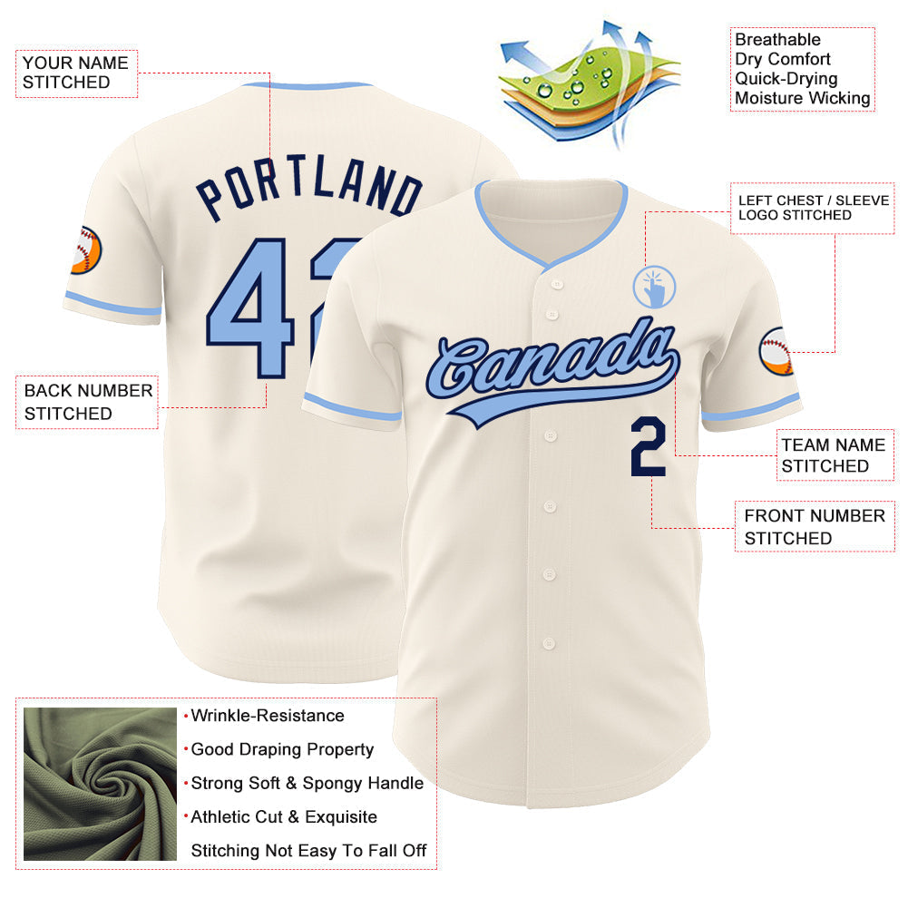 Custom Cream Light Blue-Navy Authentic Baseball Jersey baseball jersey product view 3