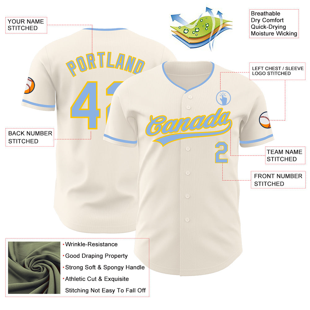 Custom Cream Light Blue-Yellow Authentic Baseball Jersey baseball jersey product view 3