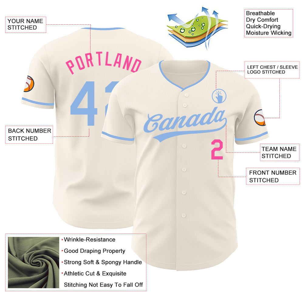 Custom Cream Light Blue-Pink Authentic Baseball Jersey baseball jersey product view 3