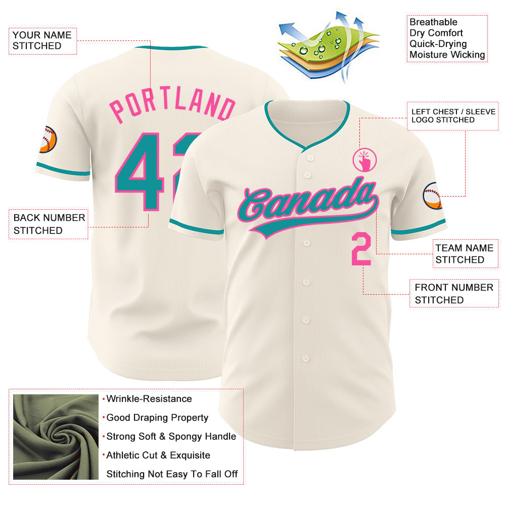 Custom Cream Teal-Pink Authentic Baseball Jersey baseball jersey product view 3