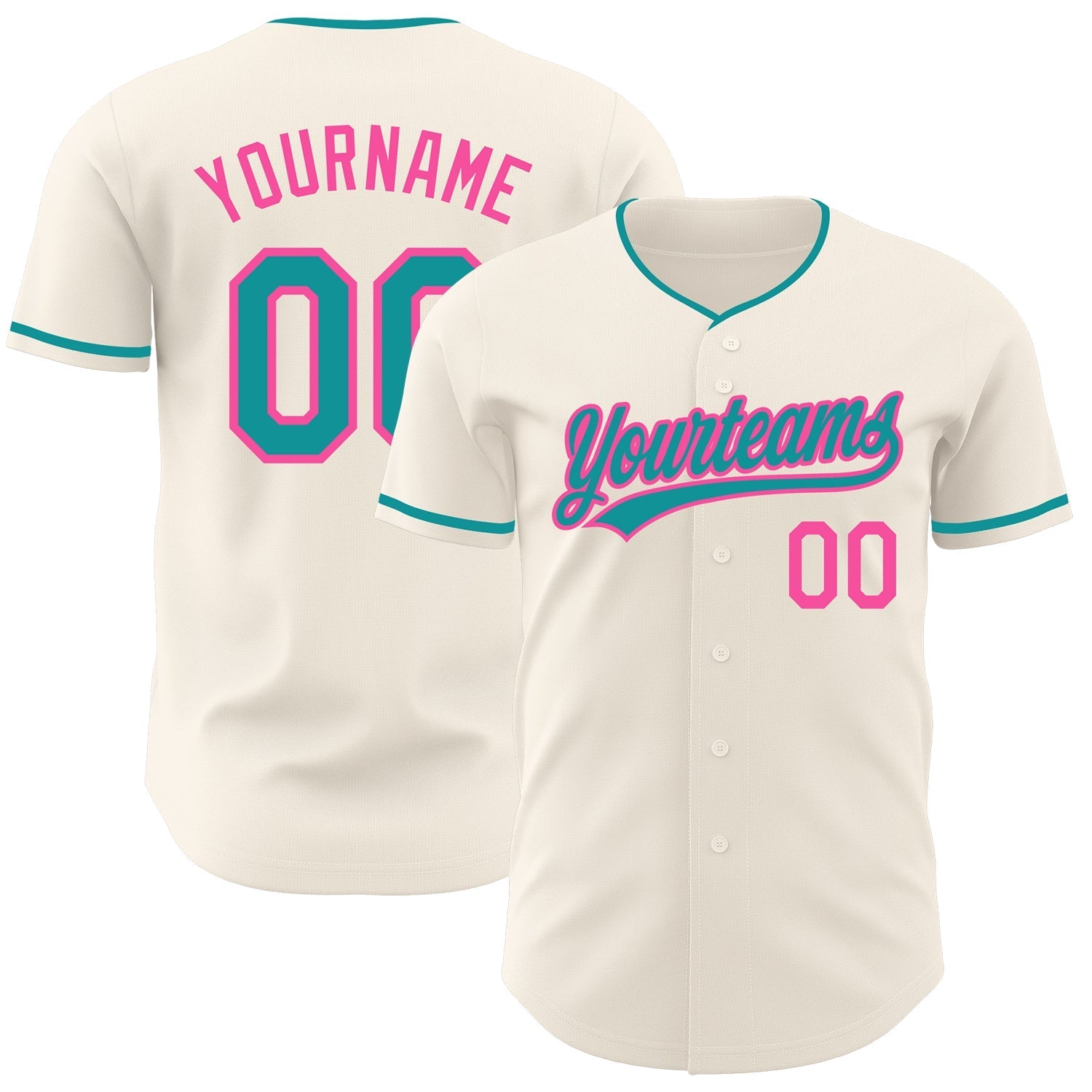 Custom Cream Teal-Pink Authentic Baseball Jersey baseball jersey product view 1