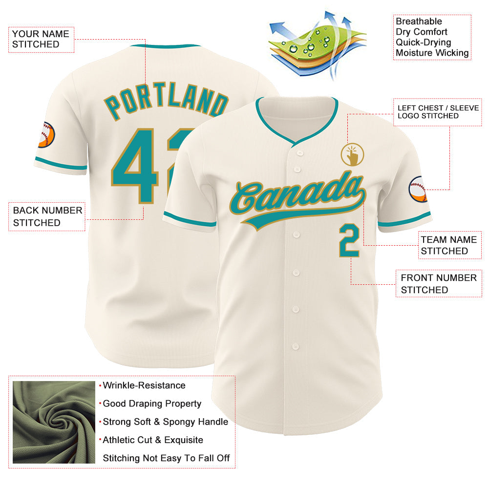 Custom Cream Teal-Old Gold Authentic Baseball Jersey baseball jersey product view 3