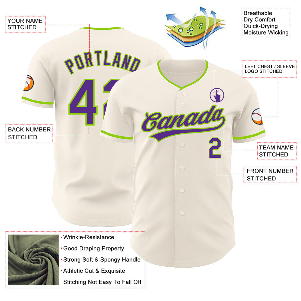 Custom Cream Purple-Neon Green Authentic Baseball Jersey baseball jersey product view 3