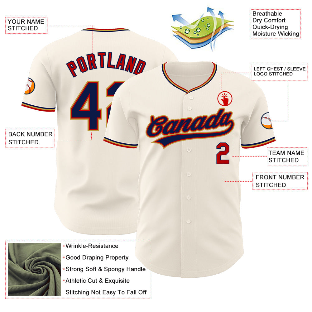 Custom Cream Navy Red-Old Gold Authentic Baseball Jersey baseball jersey product view 3