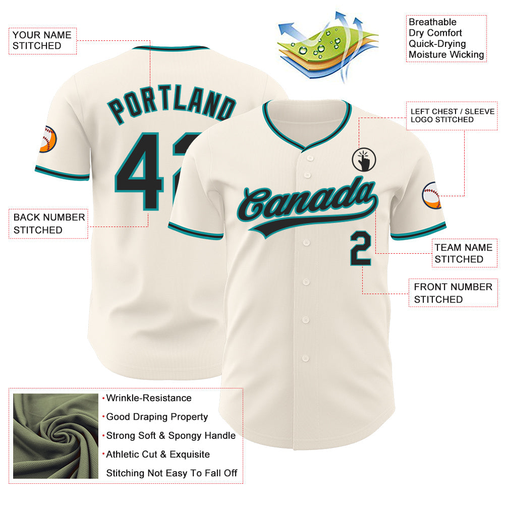 Custom Cream Black-Teal Authentic Baseball Jersey baseball jersey product view 3
